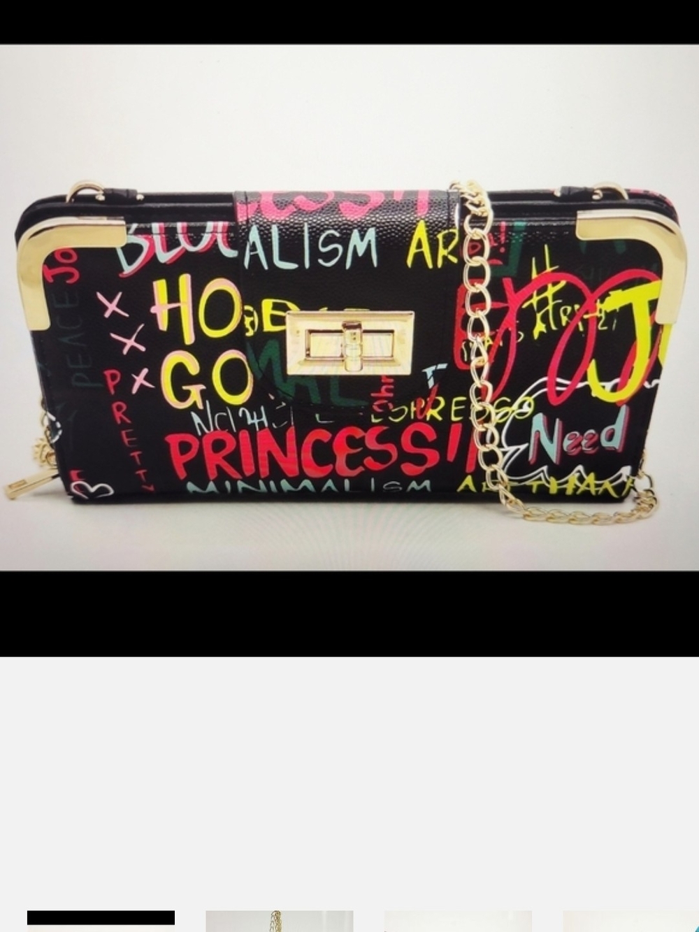 Stylish Black Graffiti Print Chain Clutch - Unbranded